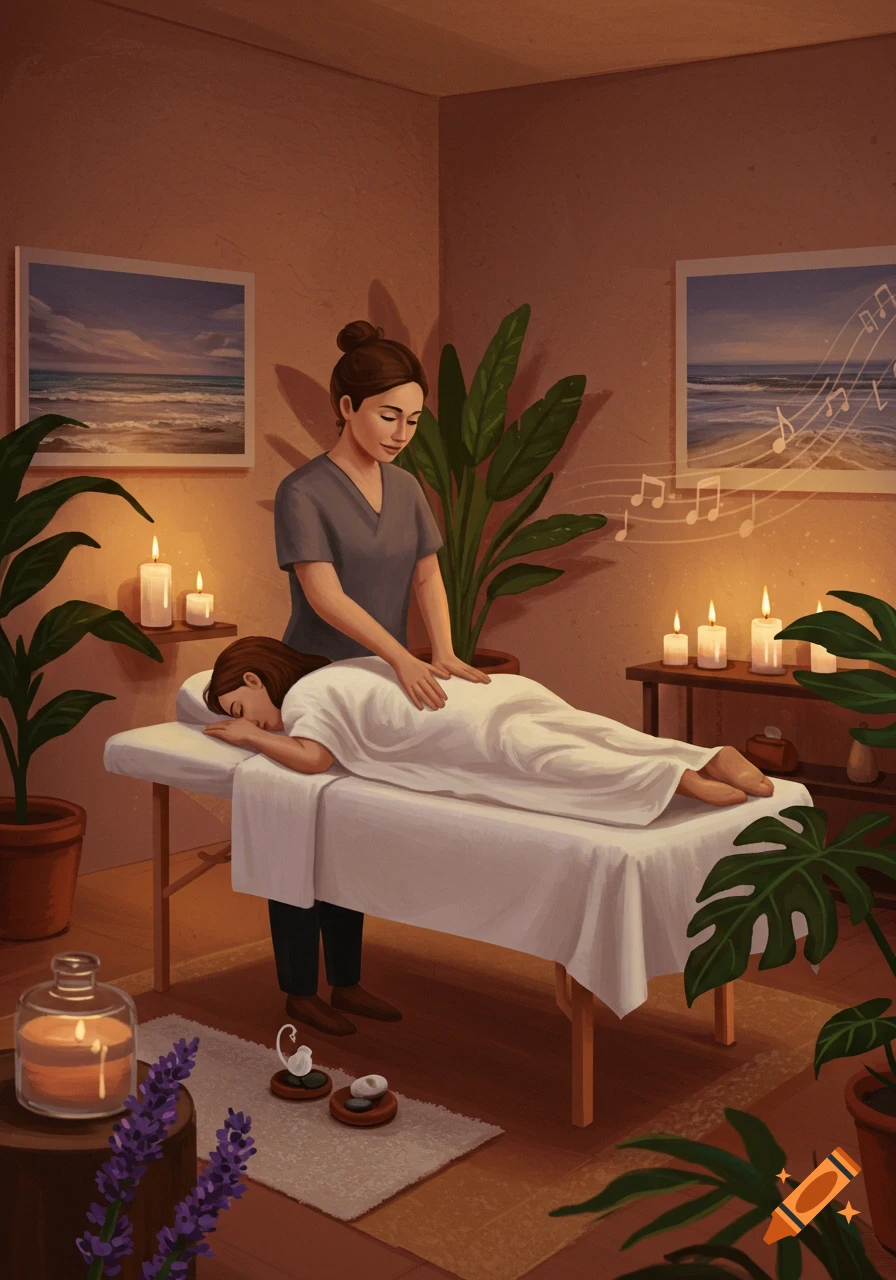 A woman receives a back massage in a warm, candlelit room with plants and paintings.