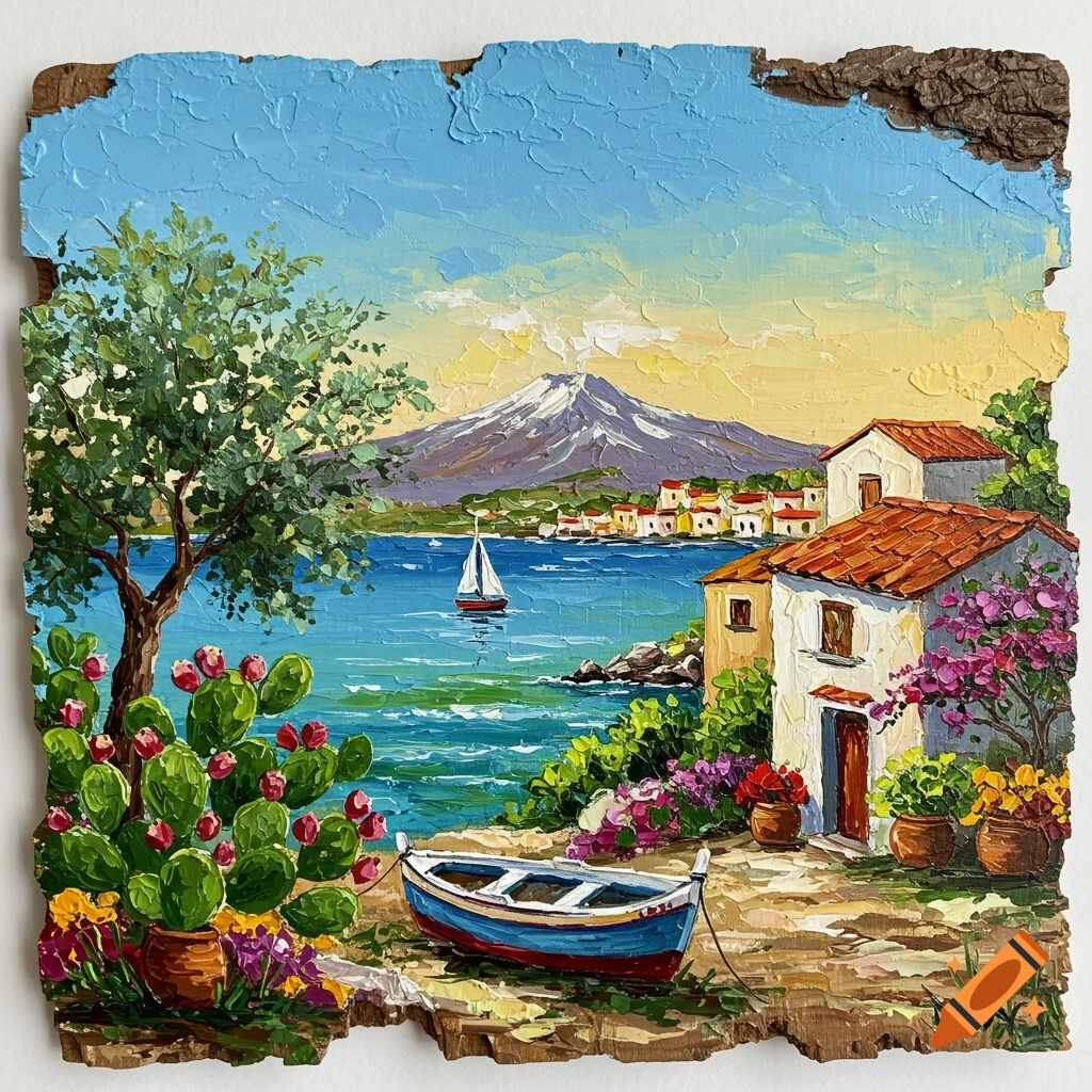 Textured oil painting of a vibrant Sicilian landscape on a rustic bark panel, with Mount Etna, white houses, a boat, and colorful flowers.