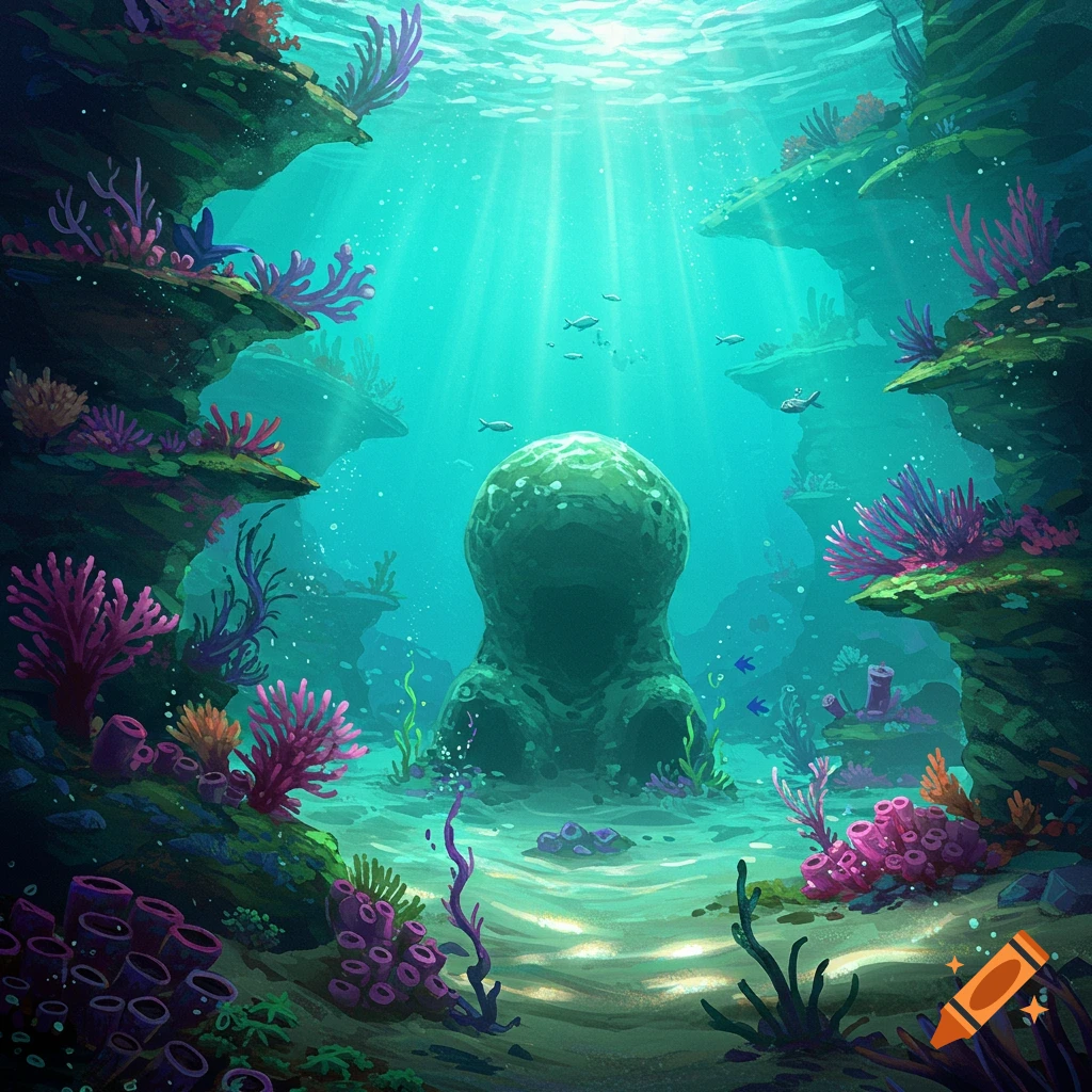 Stylized illustration of a vibrant underwater coral reef with a large, smooth rock formation, sun rays, and small fish.