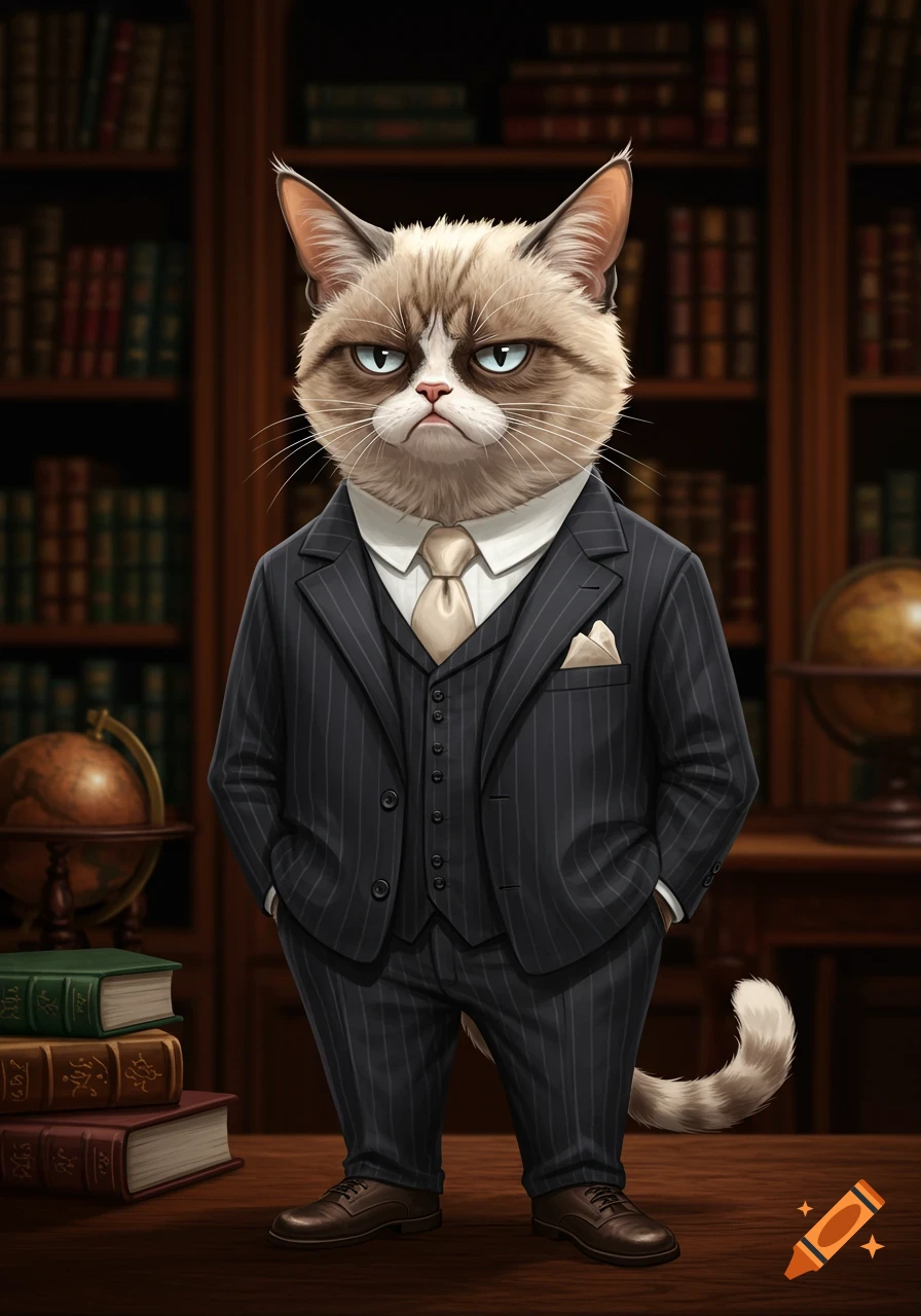 A grumpy cat wearing a pinstriped three-piece suit stands in a library filled with bookshelves and globes.