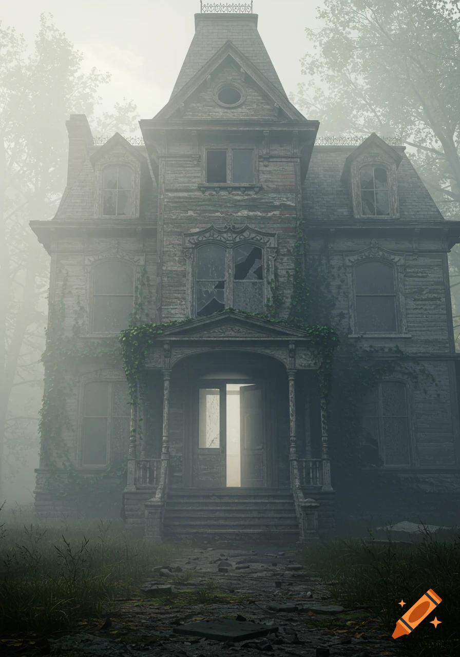 An eerie, ultra-realistic image of an abandoned, dilapidated Victorian house in dense fog with broken windows and an ajar door.