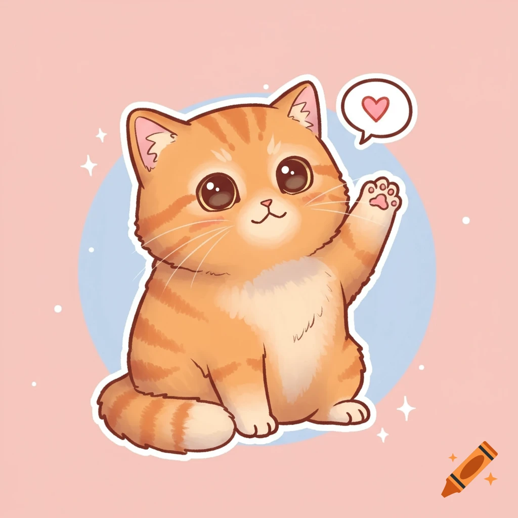 A cute, chubby orange tabby cat cartoon waves with a paw, a heart in a speech bubble, on a pink background.