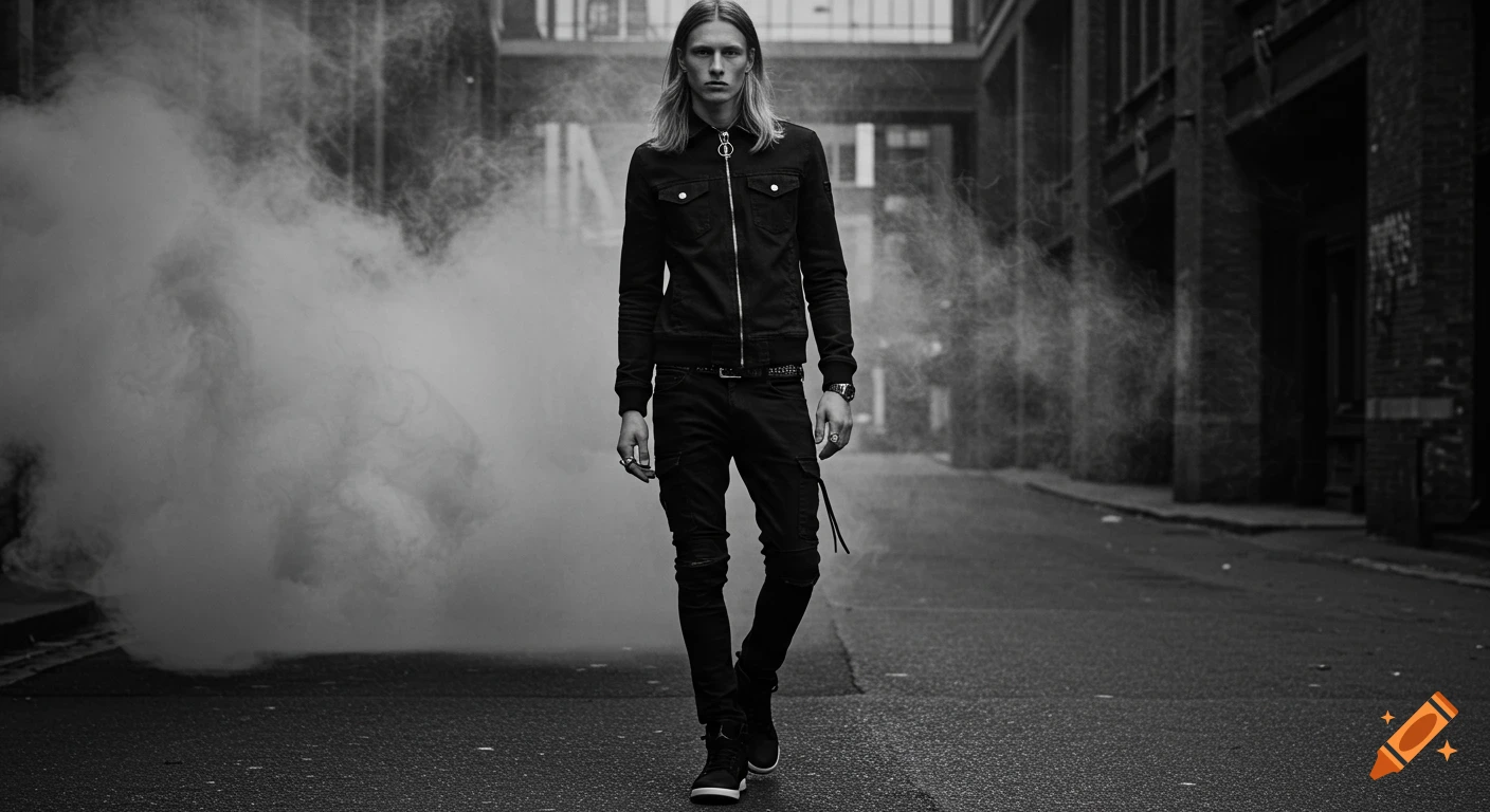 A long-haired young man in black streetwear walks through a smoky urban alley in a black and white photograph.