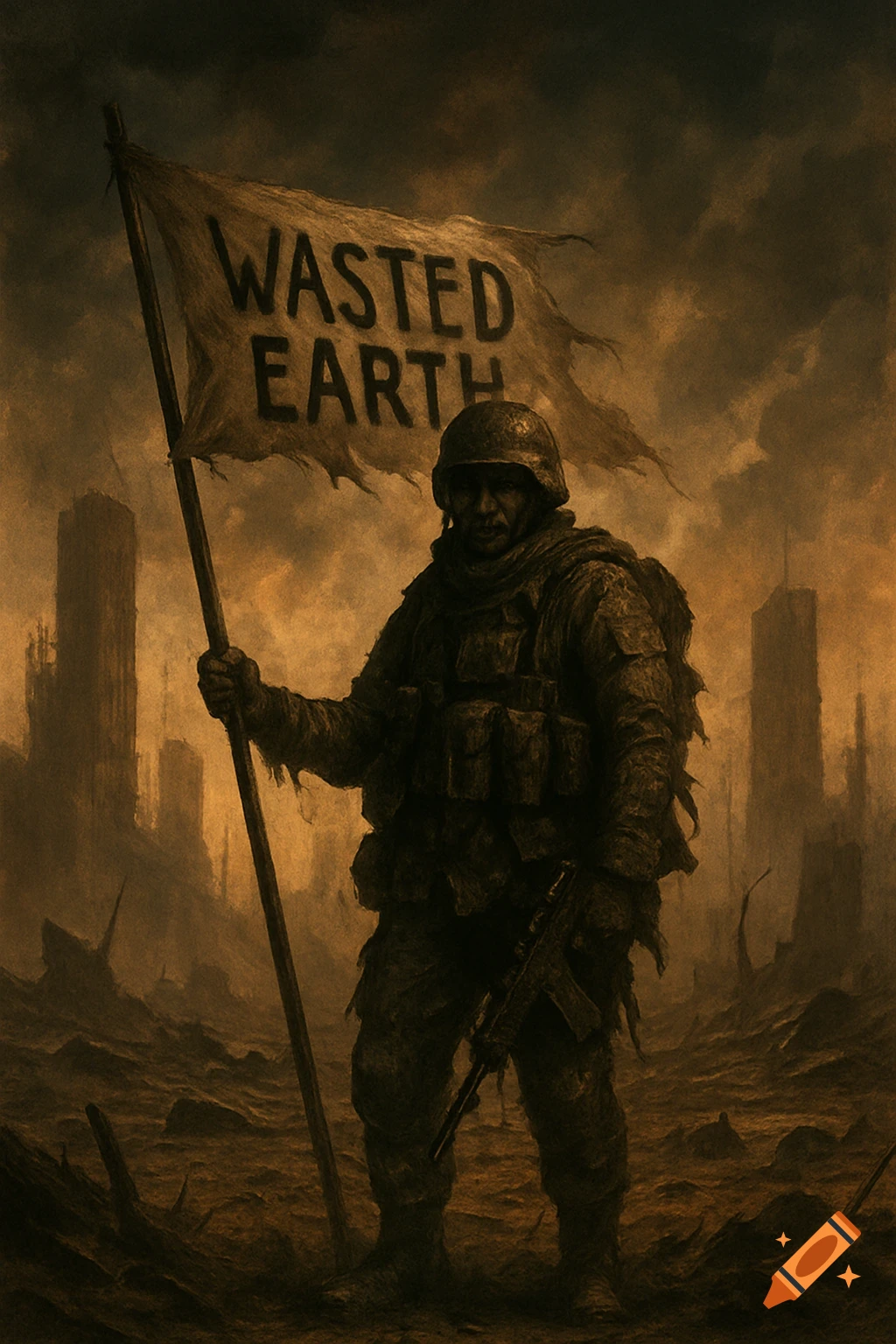 A soldier holds a 'Wasted Earth' banner in a dark, gritty illustration of an apocalyptic wasteland with ruined buildings.