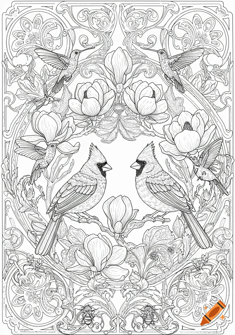 Art Nouveau style coloring page with two cardinals, hummingbirds, magnolias, and bumblebees in black and white line art.