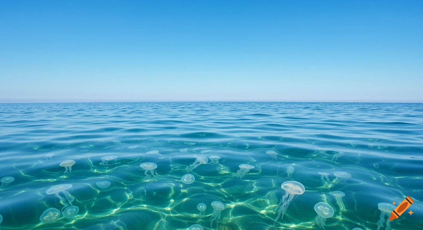Photorealistic view of clear blue ocean water with numerous jellyfish swimming below the surface, under a vast blue sky.