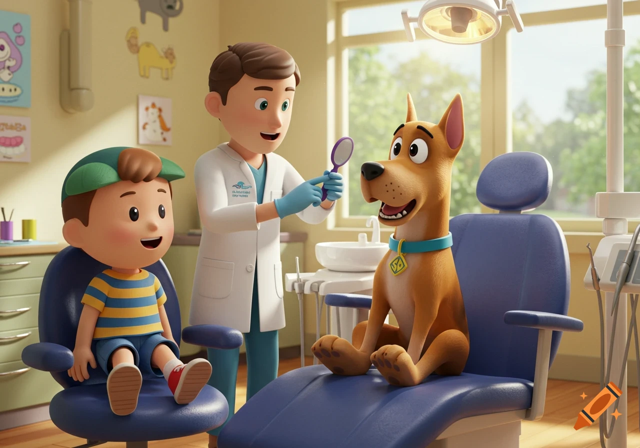 A cartoon dentist checks Scooby Doo's teeth, while a child, Ness, watches in a cheerful dental office.