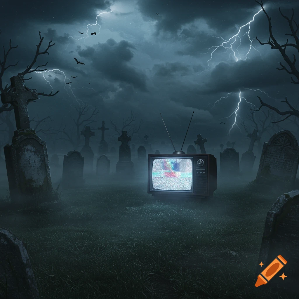 An old television displaying static sits in a foggy, spooky graveyard at night, with lightning striking in the dark sky.