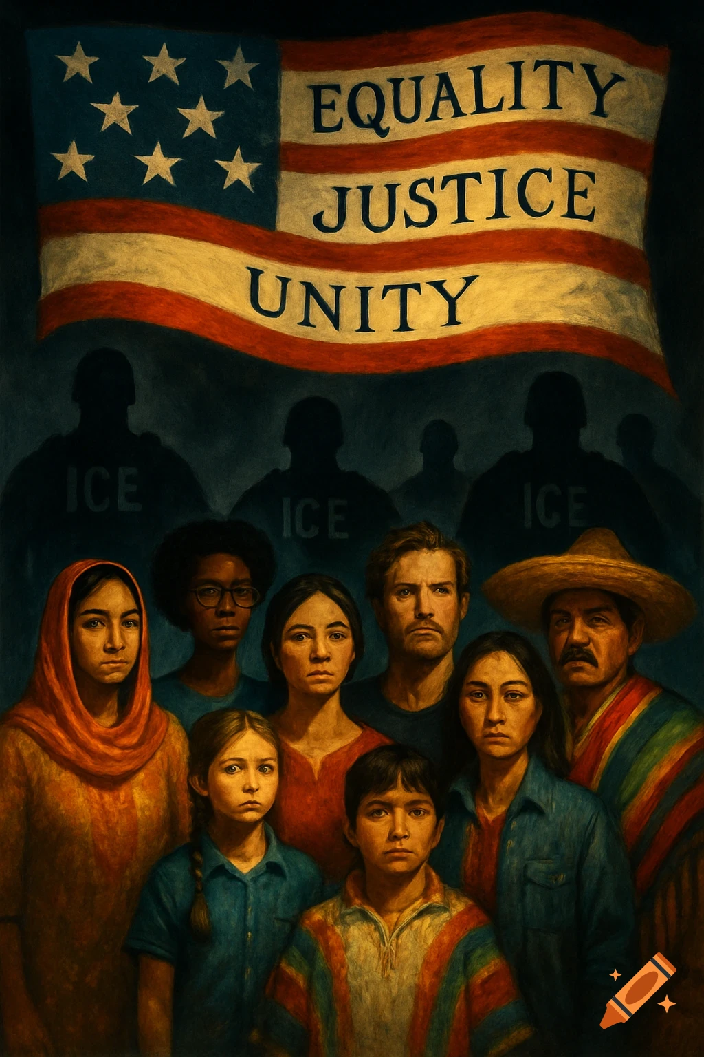Painting depicting diverse individuals looking forward, with an American flag reading 'EQUALITY JUSTICE UNITY' and dark ICE agent silhouettes behind them.