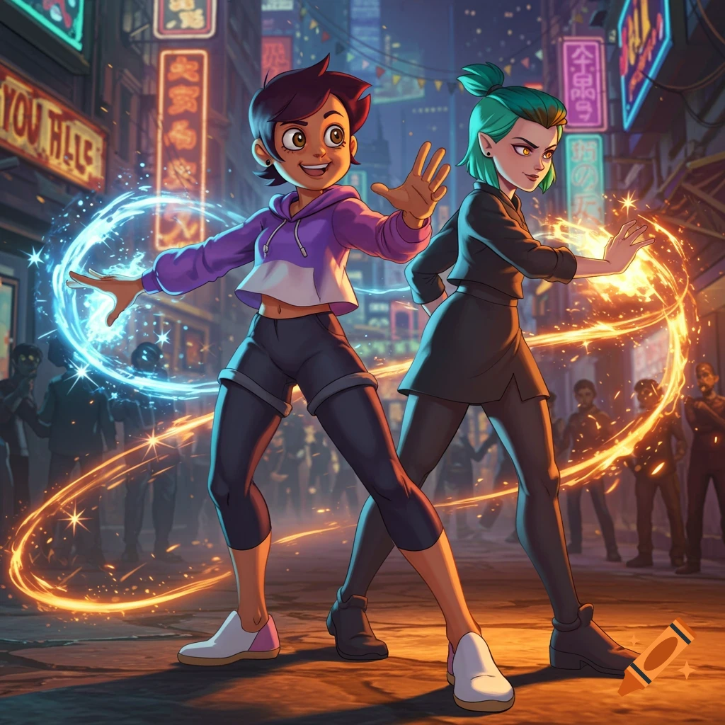 Luz Noceda and Amity Blight, in a dynamic Street Fighter 6 style, cast magic in a neon-lit city street at night.