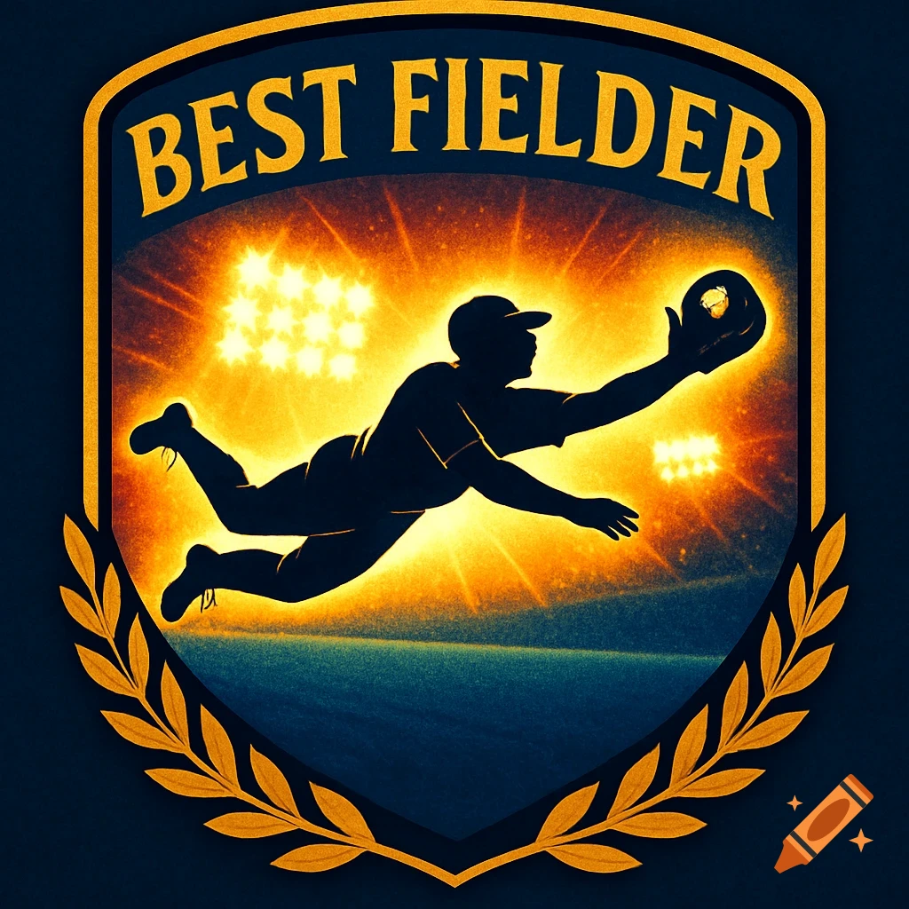 A baseball badge featuring the silhouette of a player diving to catch a ball, with 'BEST FIELDER' text and stadium lights in the background.