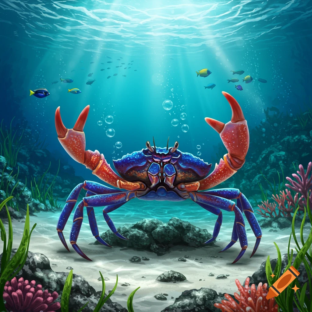 A vibrant blue and red crab with raised claws on a sandy ocean floor with coral and fish in a stylized illustration.