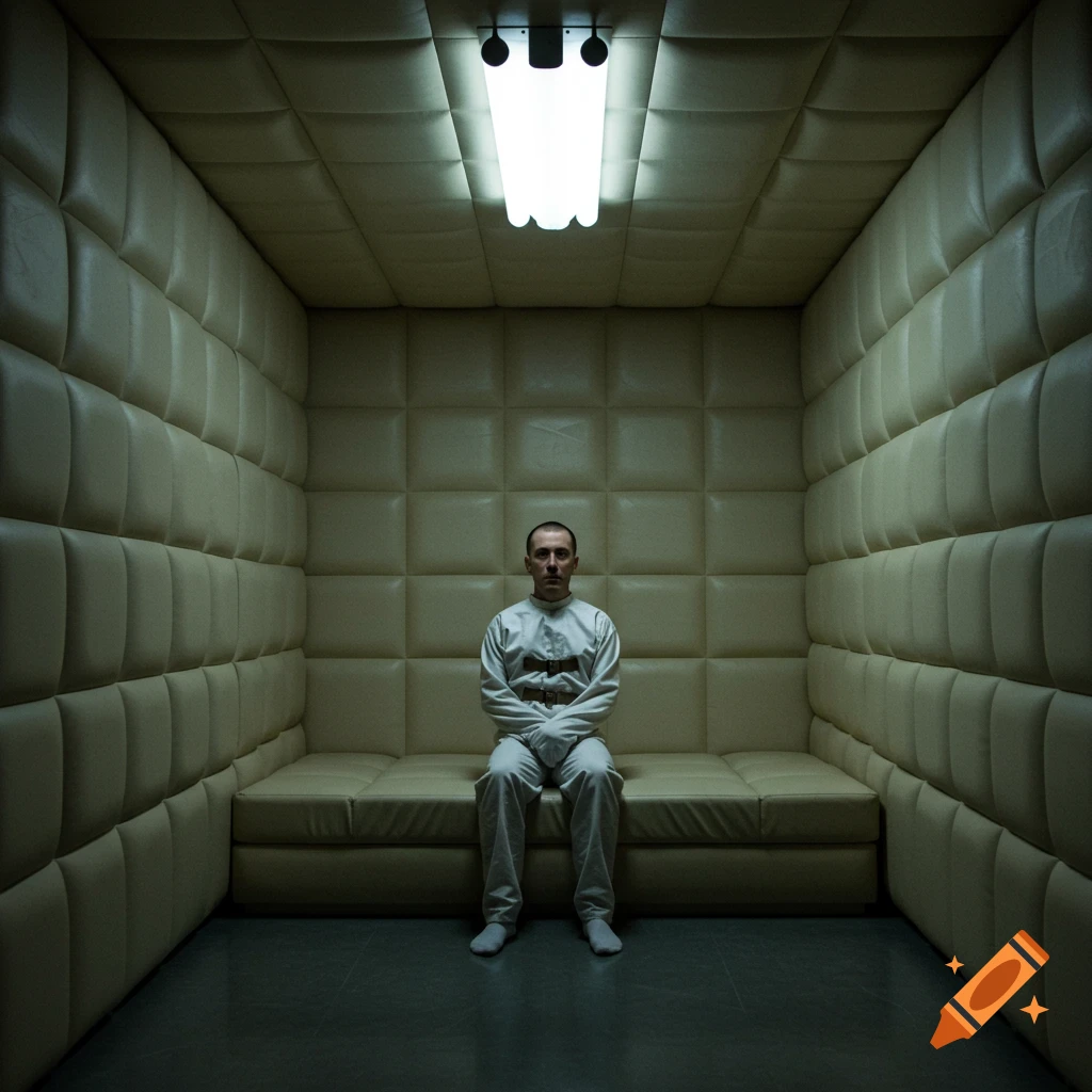 A man in a white straitjacket sits alone on a bench in a padded cell, under a bright fluorescent light. Photorealistic.