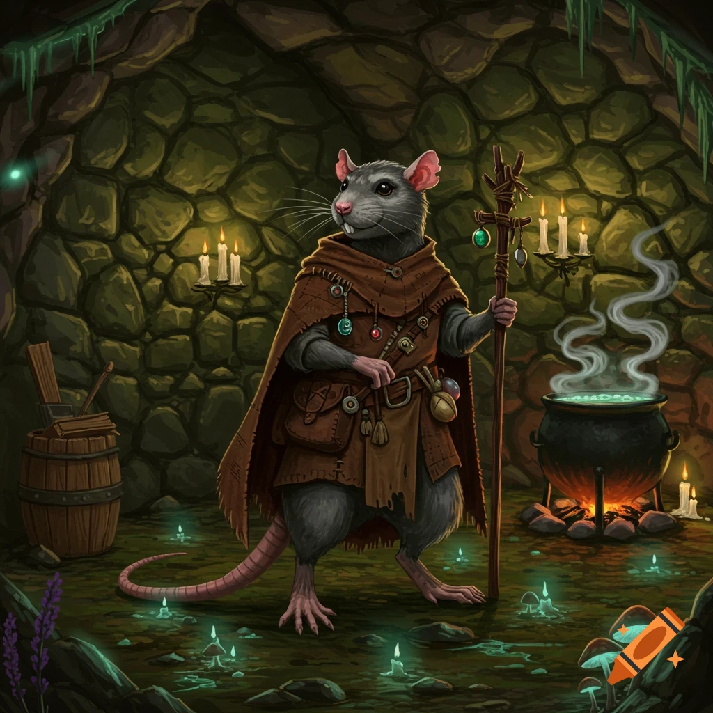 An anthropomorphic rat witch in a hooded cloak holds a staff in a dimly lit cave with a bubbling cauldron, candles, and glowing mushrooms.
