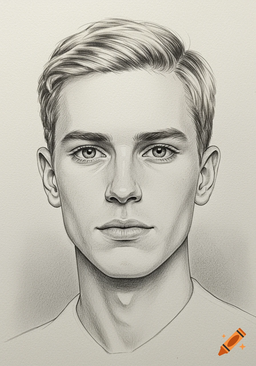 Detailed pencil sketch portrait of a young man with short blonde hair, looking forward.