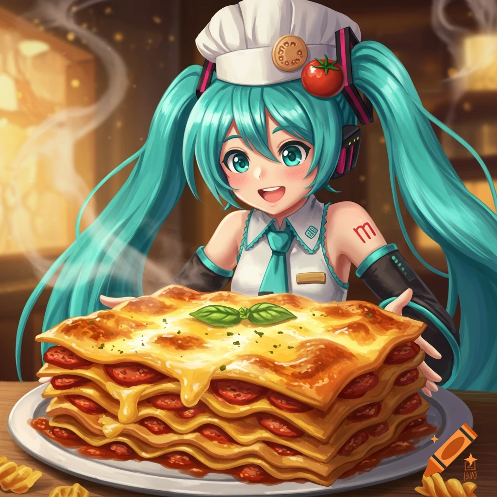 An anime girl chef with long turquoise pigtails and a white hat smiles, presenting a large steaming lasagna.