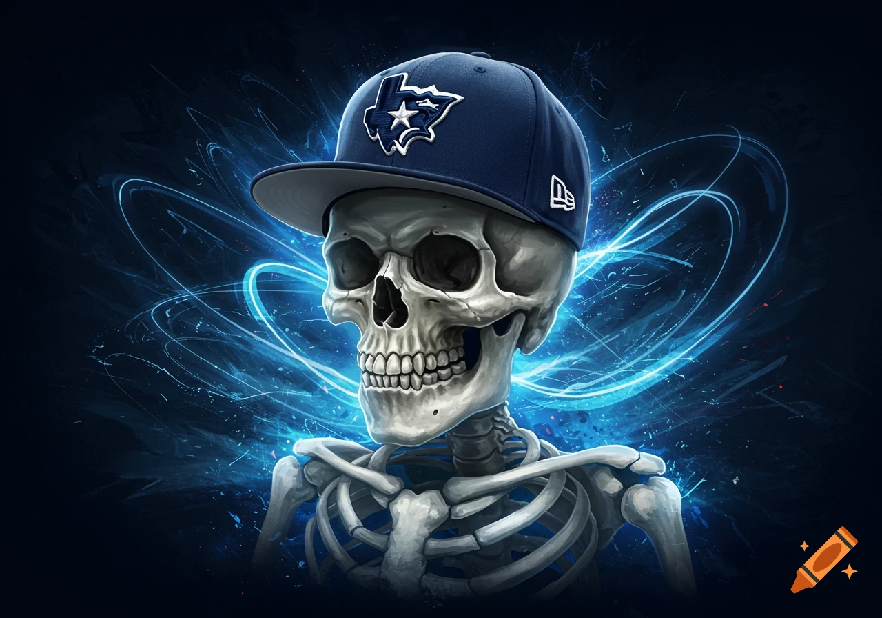 A stylized skeleton wearing a blue baseball cap with a Texas-star logo, surrounded by glowing blue energy on a dark background, digital art.