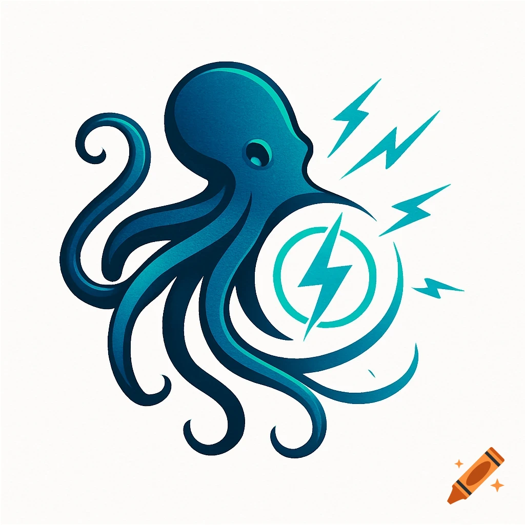A stylized blue octopus logo holding a teal lightning bolt symbol within a circle, with smaller lightning bolts surrounding it on a white background.
