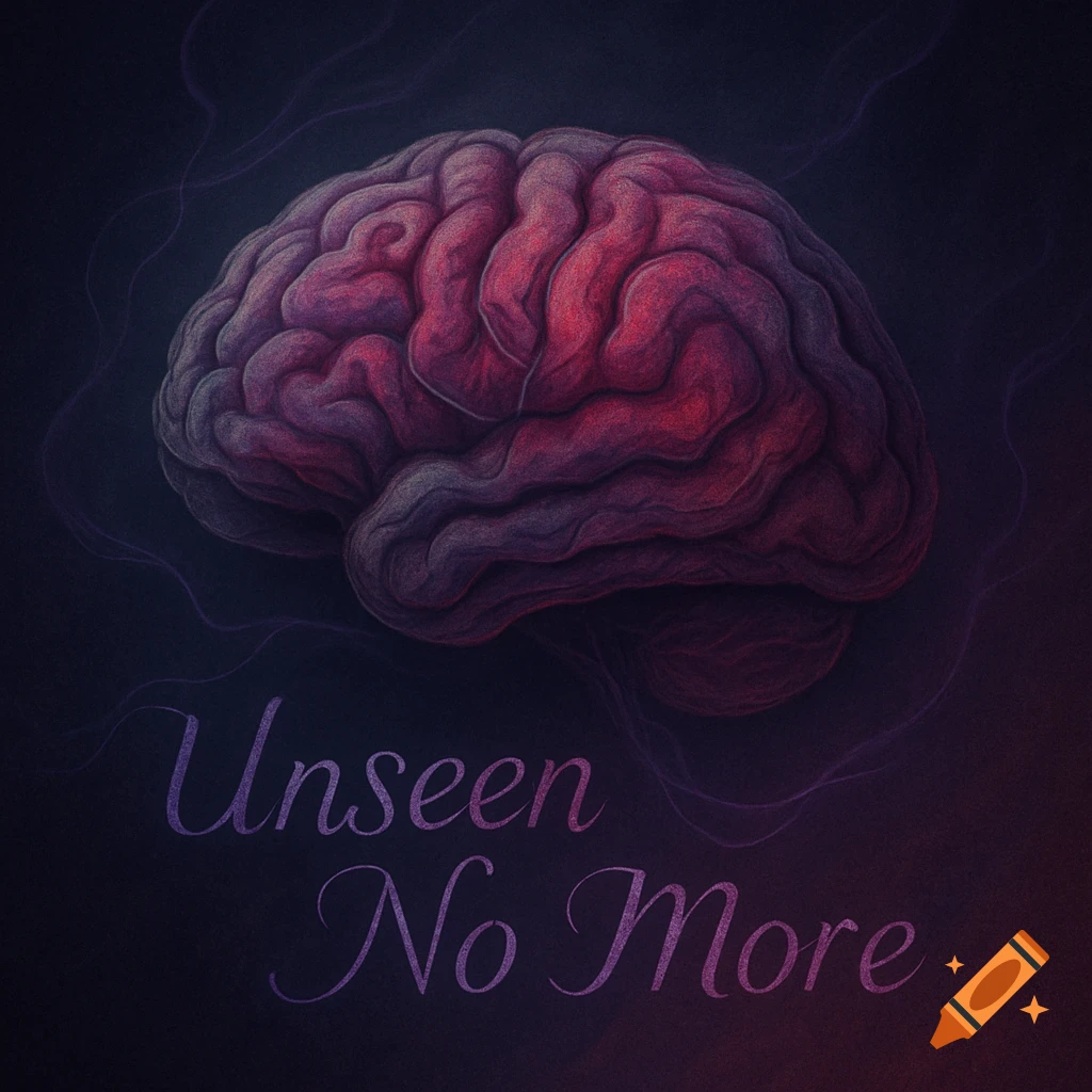 A stylized illustration of a human brain in dark purple and red hues, with the text Unseen No More below it.