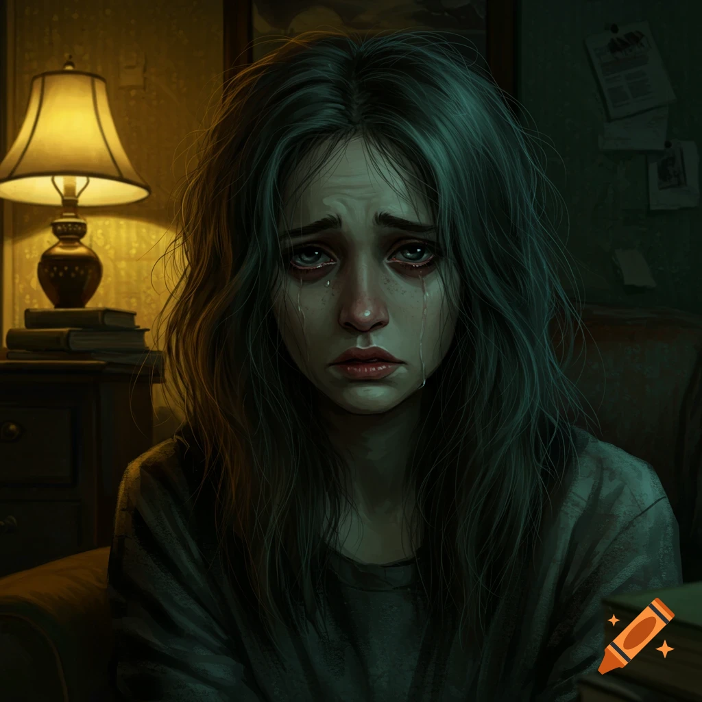 A photorealistic portrait of a sad woman crying, with teal hair, illuminated by a lamp in a dark room.