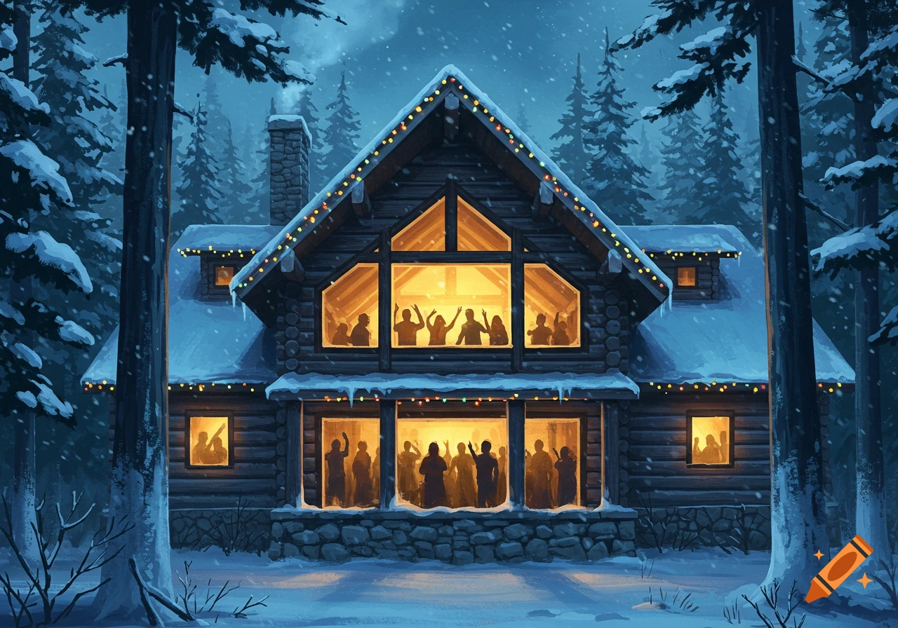 A snow-covered log cabin in a dark winter forest, adorned with colorful lights, where people are silhouetted, partying inside.