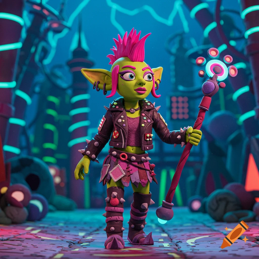 A claymation techno-punk goblin girl with bright pink spiky hair, wearing a studded jacket and ripped skirt, holding a glowing staff in a neon city.