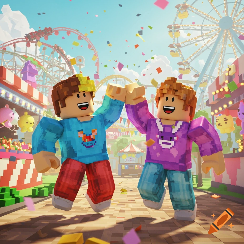 Two blocky Roblox-style friends high-fiving joyfully in a vibrant, confetti-filled amusement park with a rollercoaster and Ferris wheel.