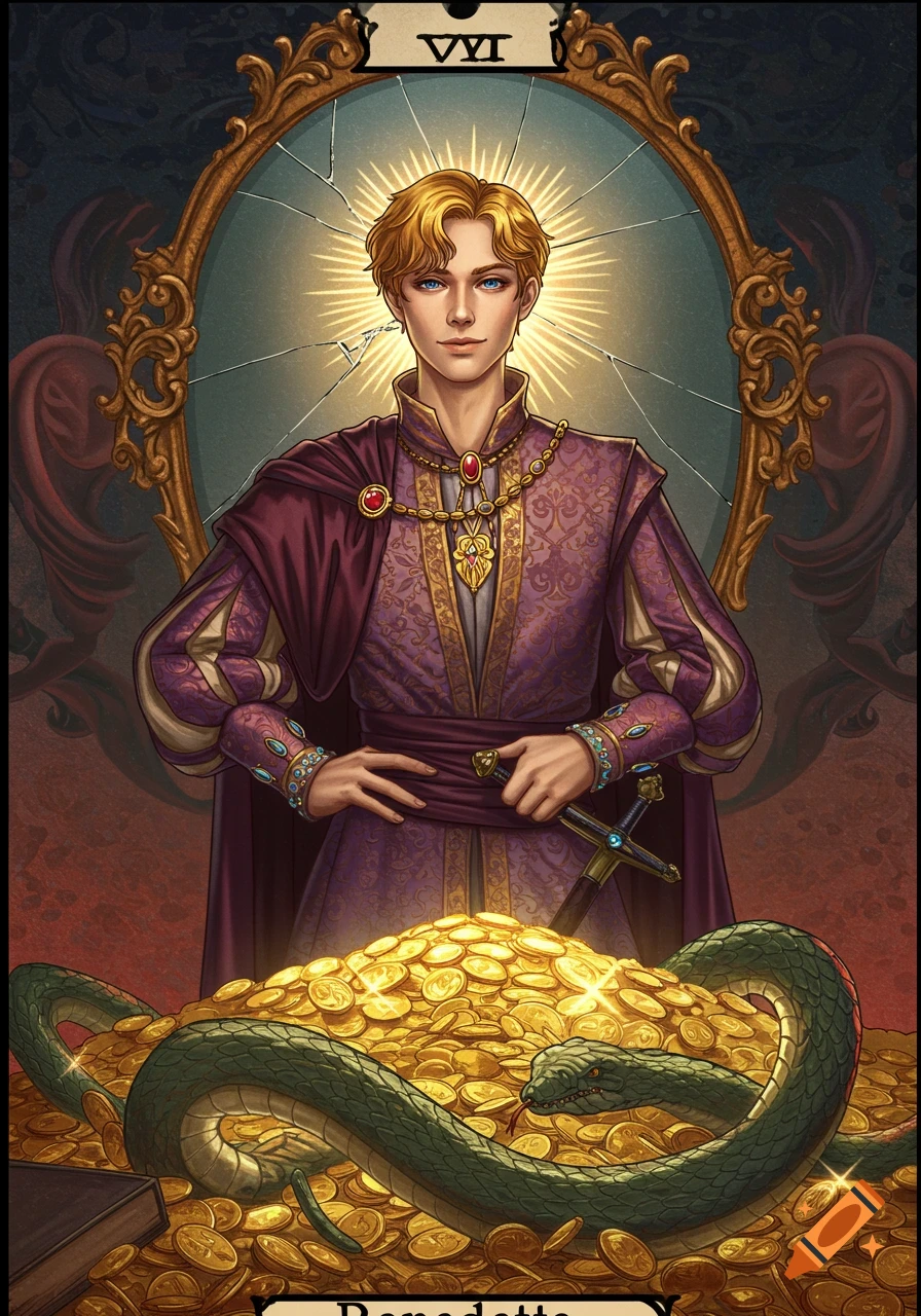 Tarot card of a handsome young man in purple and gold attire, standing behind a pile of gold coins and a green snake, in front of a cracked mirror.
