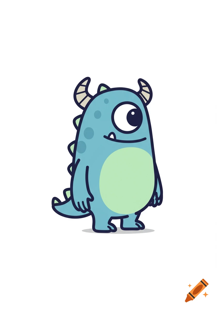 A cute, light blue, one-eyed cartoon monster with horns, a green belly, and blue spots, standing on a white background.
