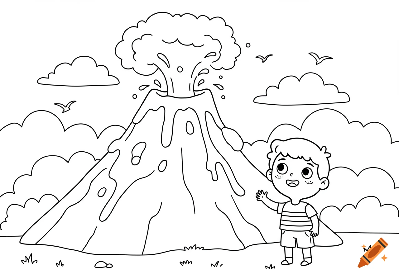 Black and white line art coloring page of a happy child observing an erupting volcano, with lava flowing down its sides.