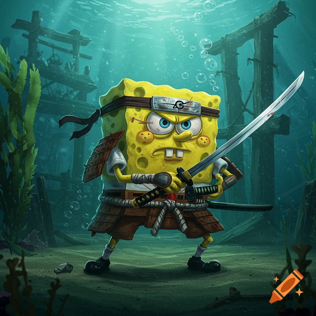 Gritty Spongebob dressed as a samurai warrior with a Naruto headband, wielding a katana underwater amidst ruins and seaweed.