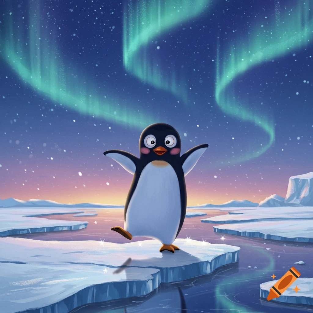 A happy cartoon penguin stands on one foot on an ice floe under a night sky with green aurora borealis.