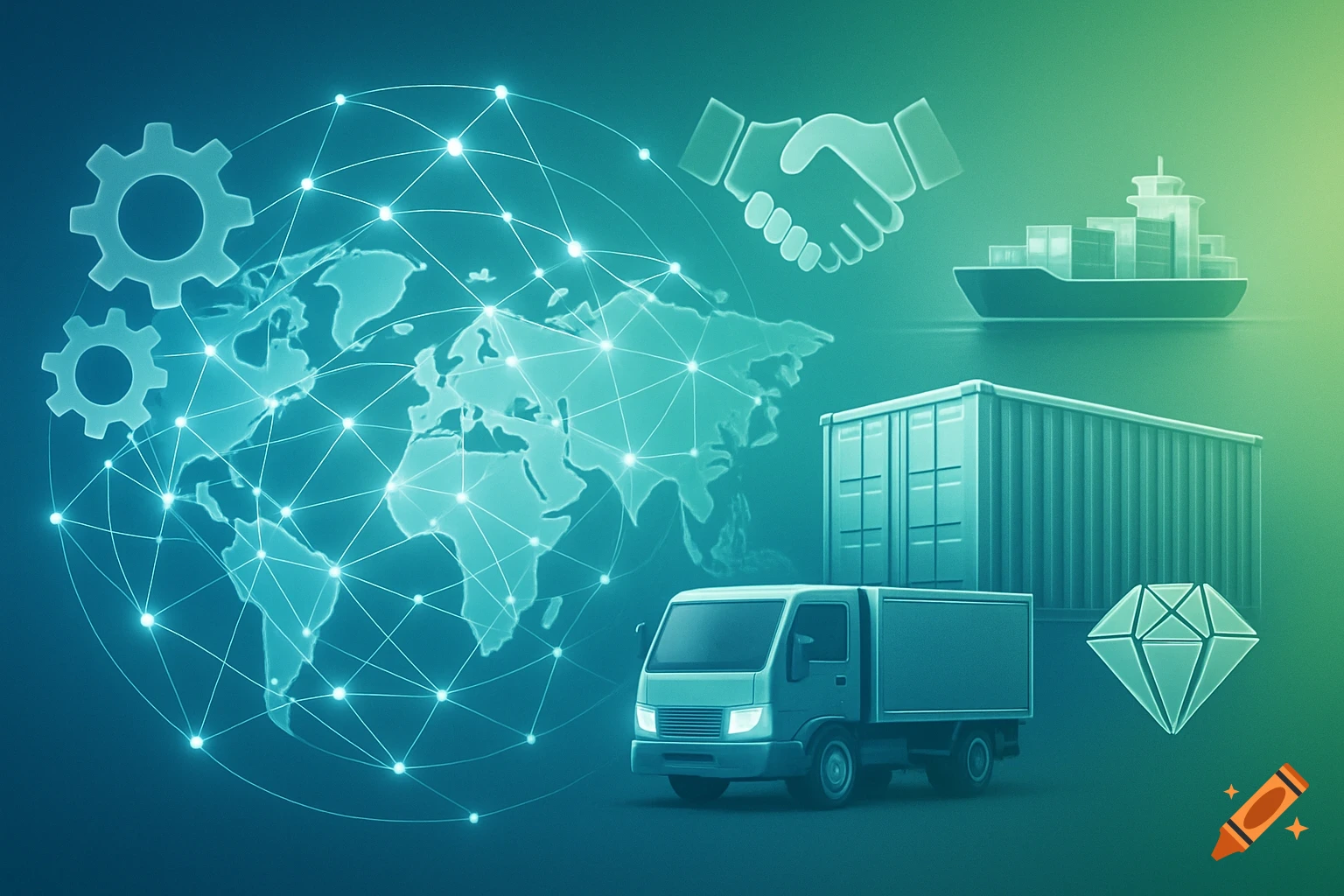 Global logistics illustration with a world map network, gears, handshake, cargo ship, container, truck, and diamond.