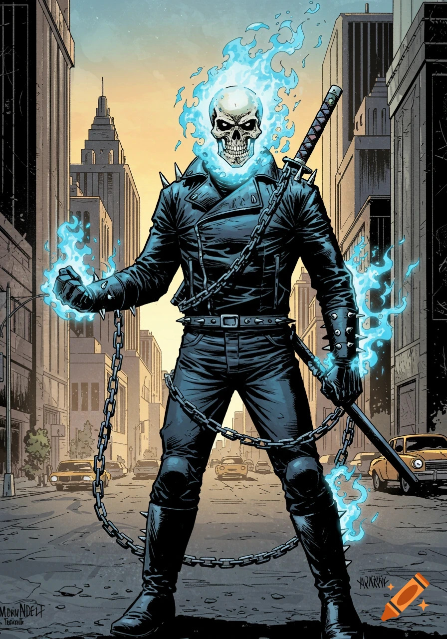 Ghost Rider, with a flaming blue skull and hands, stands on a city street in a black leather jacket and chains, holding a katana, in comic book art style.