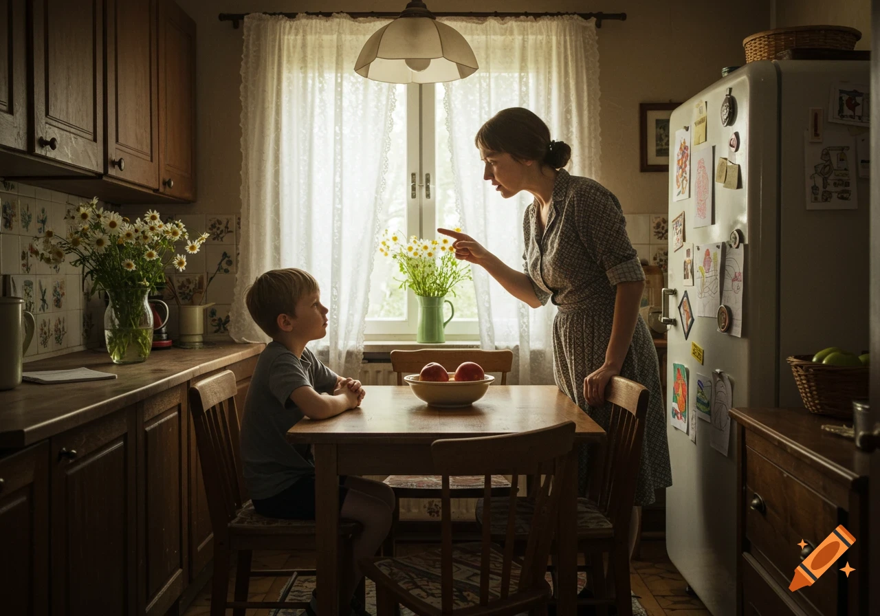 A mother scolding her young son at a kitchen table, sunlight streaming from a window behind them in a realistic photo.