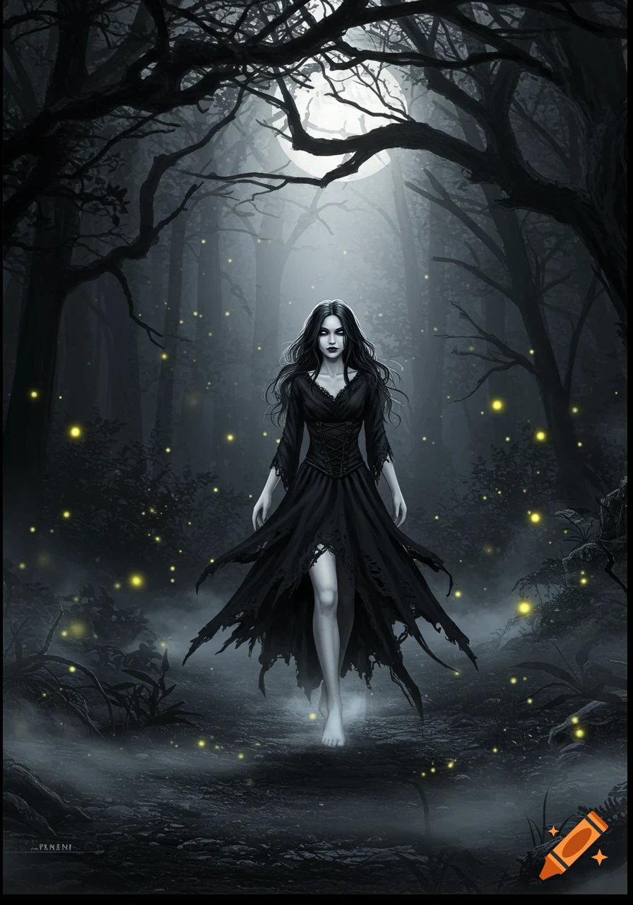 A pale woman in a torn black dress walks barefoot through a dark, misty forest under a full moon, with glowing yellow lights around her.