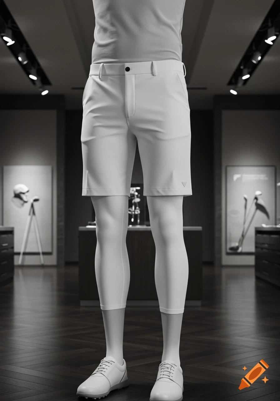 A mannequin displays white golf shorts, 3/4 white compression tights, and white golf shoes in a modern showroom.