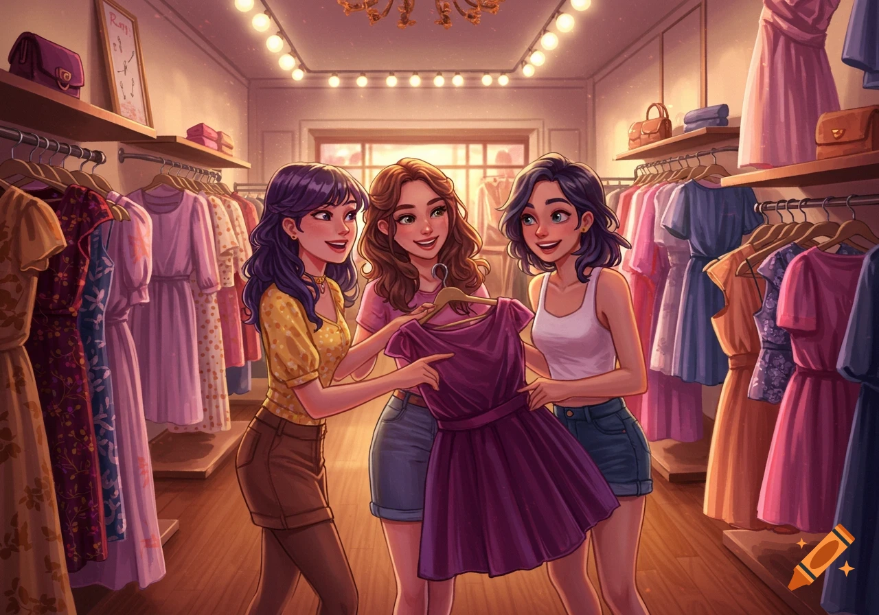 Three smiling women in an animated style, shopping for dresses in a brightly lit clothing boutique.