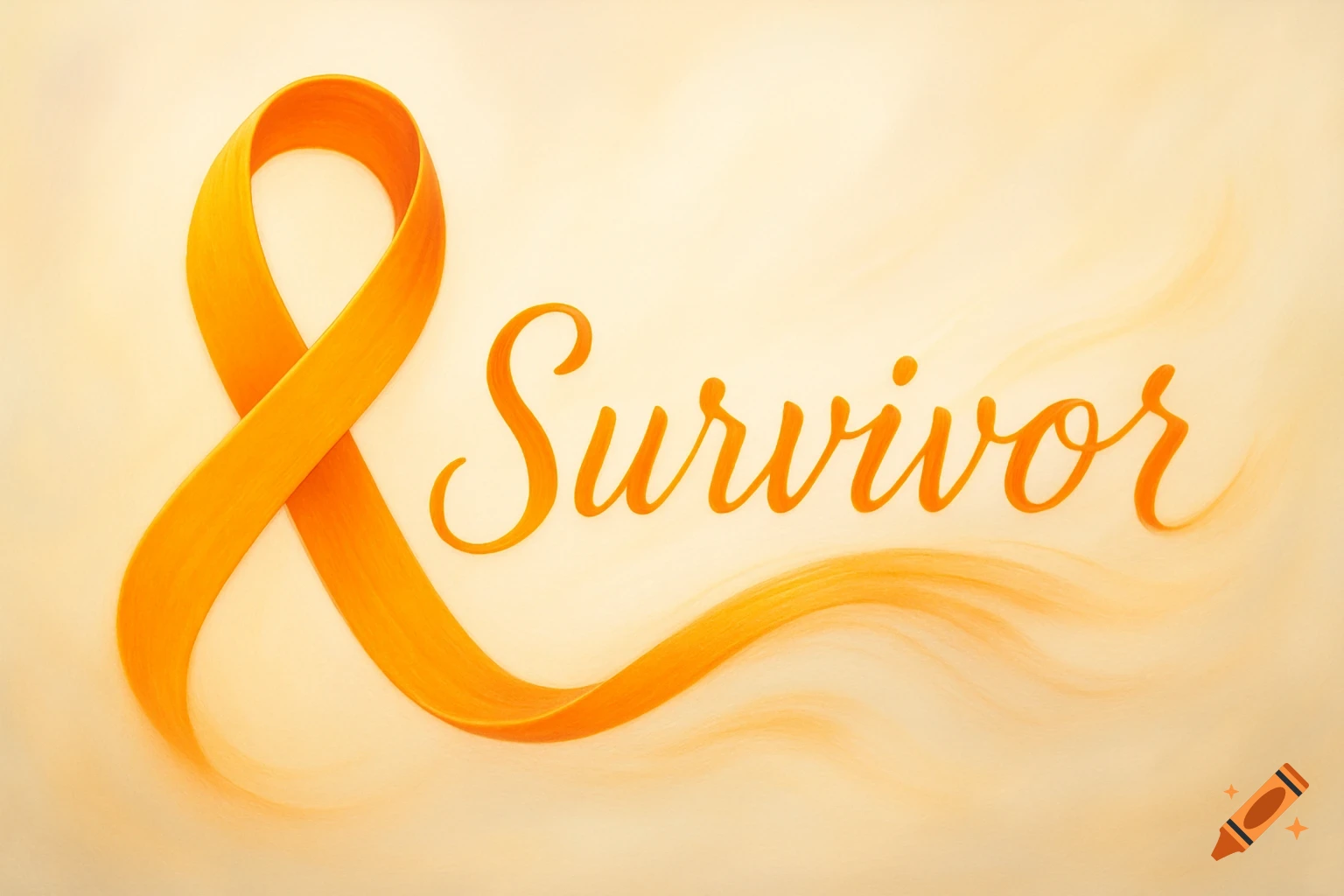 An orange awareness ribbon gracefully flows into the cursive word 'Survivor' on a soft, light background.