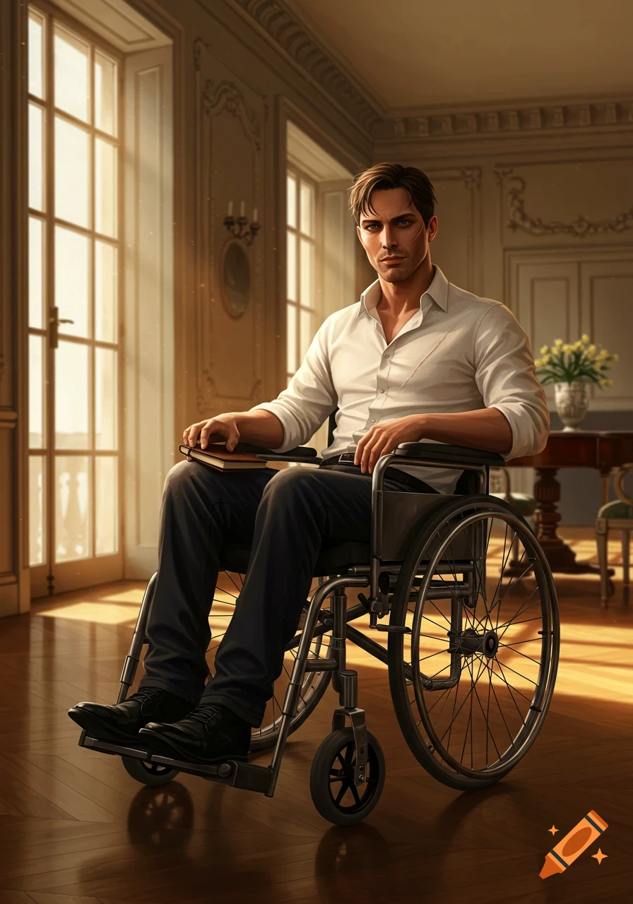 A handsome man with a scar on his face sits in a manual wheelchair in a sunlit, elegant room, holding a book. Photorealistic style.
