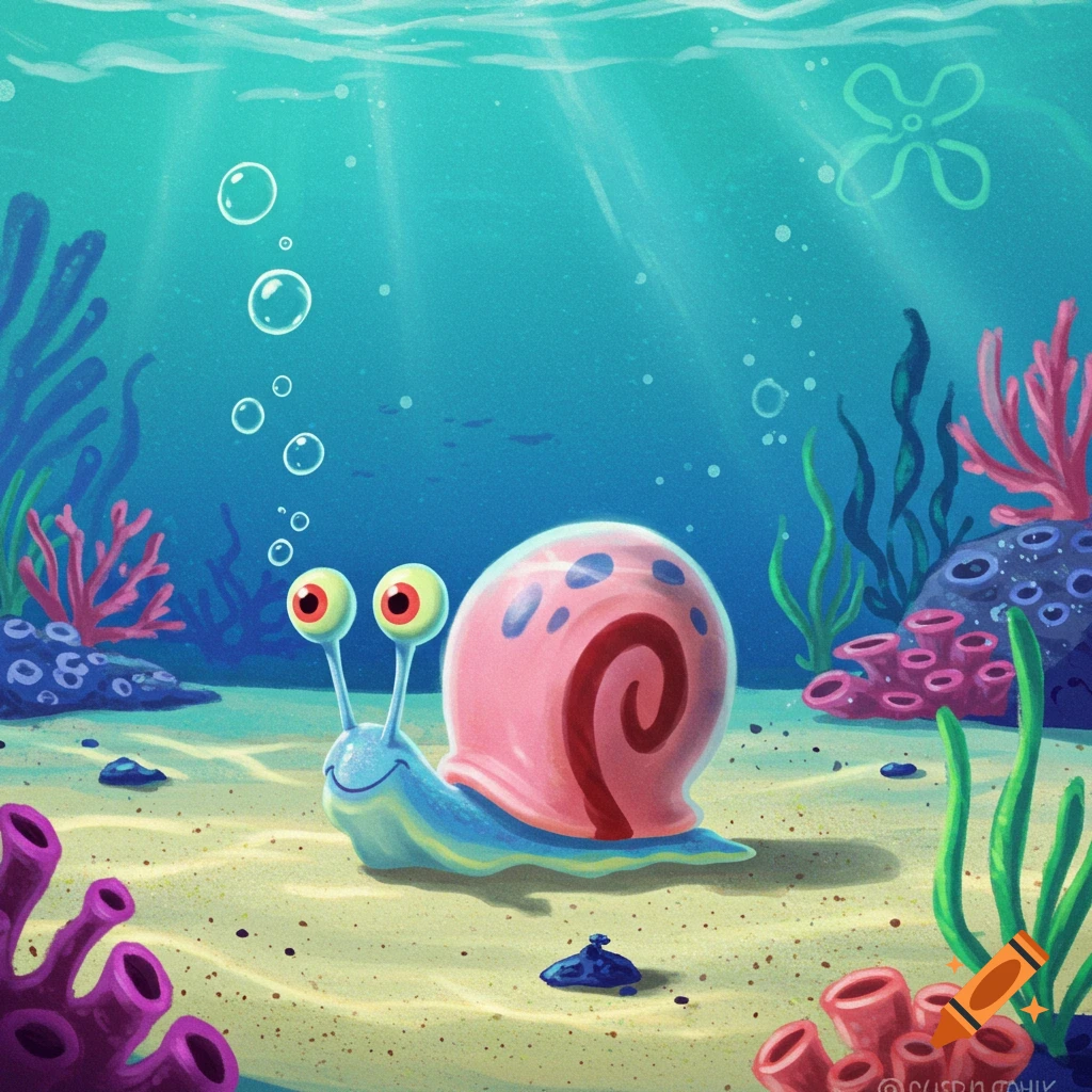 Gary the snail, from Spongebob, smiles underwater among colorful coral and floating bubbles in a vibrant cartoon style.
