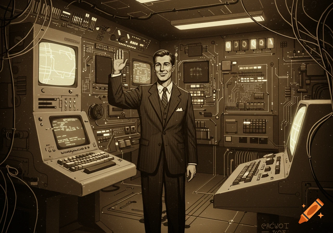 A man in a pinstripe suit waves in a sepia-toned, retro-futuristic computer lab, illustrated in a comic book style.