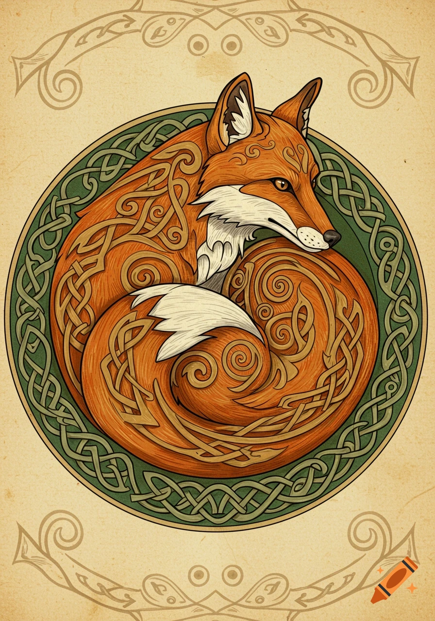 A stylized drawing of a fox curled up, adorned with intricate Celtic knot patterns.