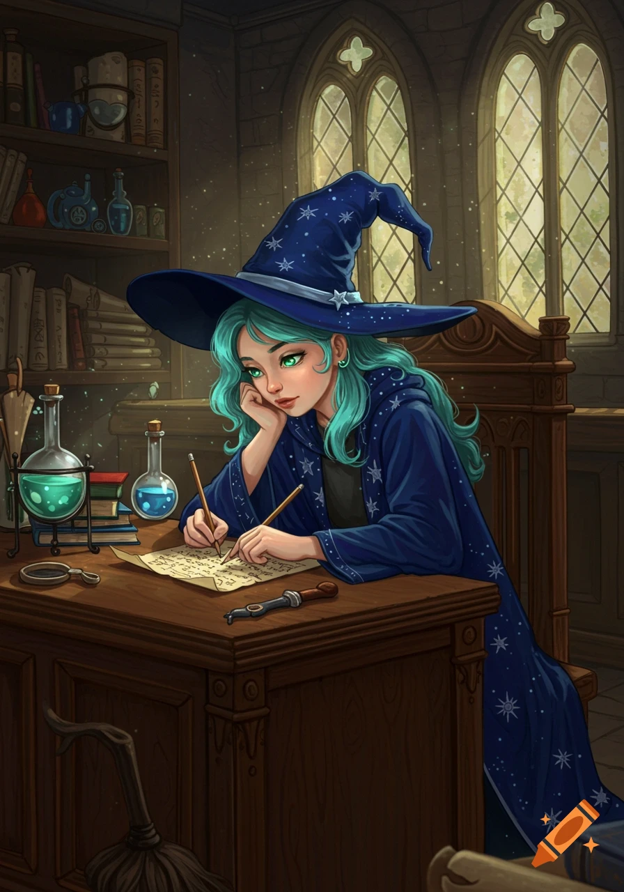 A teal-haired witch in a blue hat and robe writes at a wooden desk with potions in a gothic-windowed room.