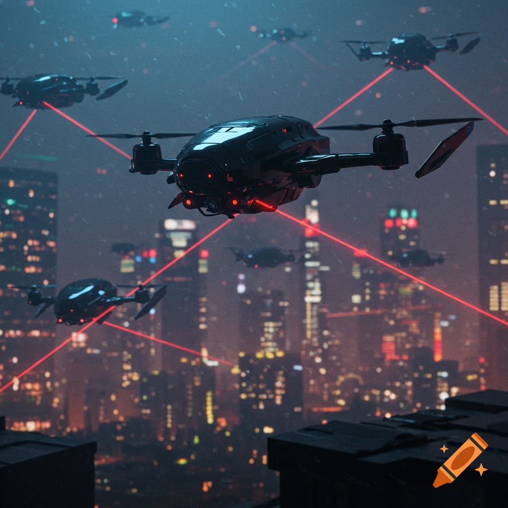 Multiple dark, futuristic drones with red laser beams flying over a neon-lit city at night.