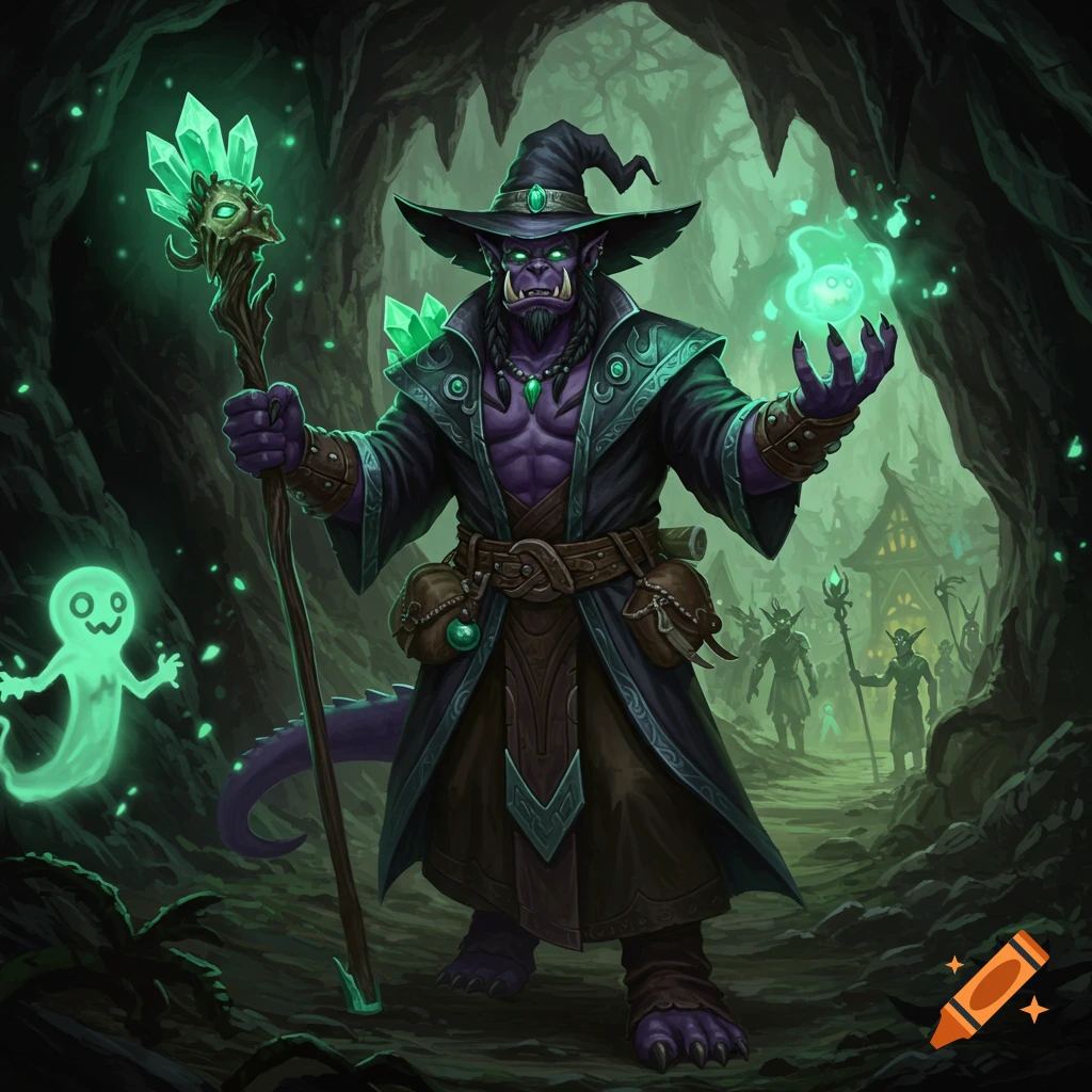 A muscular purple orc wizard with tusks and a witch's hat, holding a glowing green crystal staff and conjuring a wisp in a dark cave with other shadowy figures in the background. The scene is lit by green magical light.