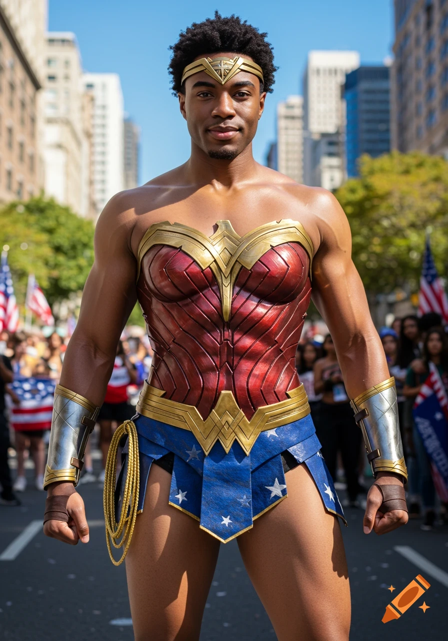 Photorealistic image of a young Black man confidently posing in a Wonder Woman costume on a city street.