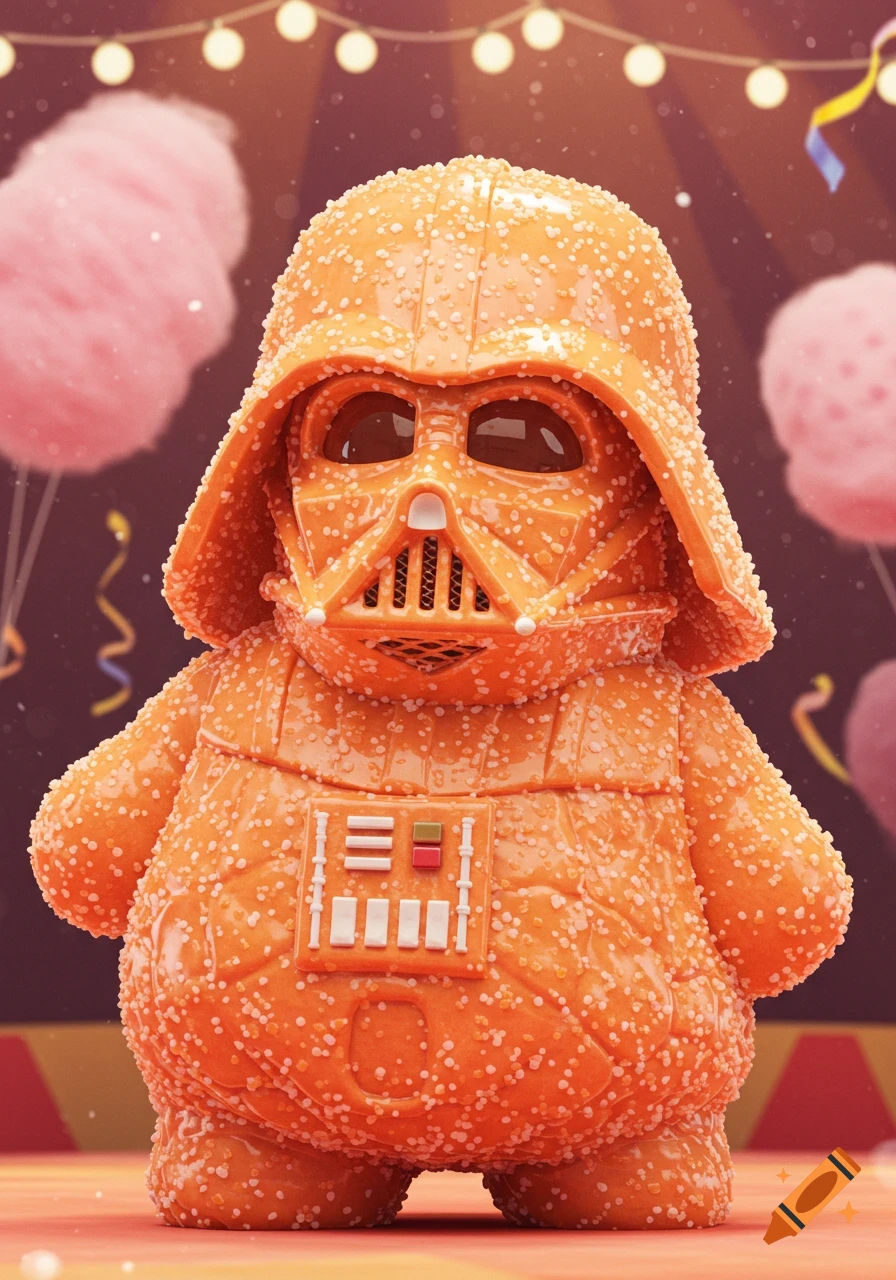 An orange Darth Vader candy figure, resembling circus peanuts, stands in a festive carnival scene with cotton candy and string lights.