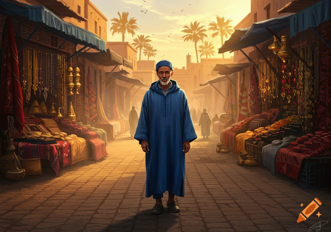 Elderly Moroccan man in blue djellaba stands in a vibrant marketplace at sunset, with stalls and palm trees.