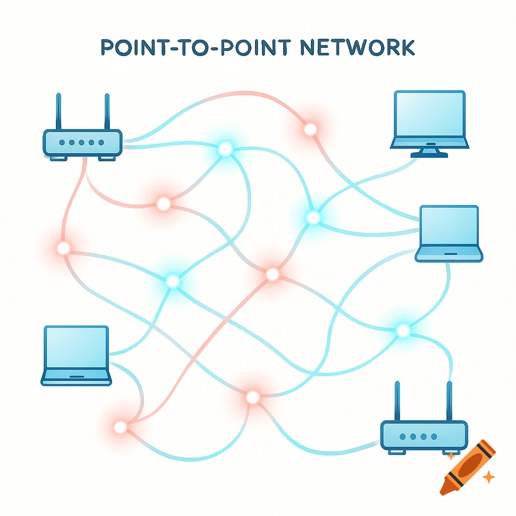 A flat illustration of a point-to-point network with routers and computers connected by blue and pink lines on a white background, titled 'POINT-TO-POINT NETWORK'.